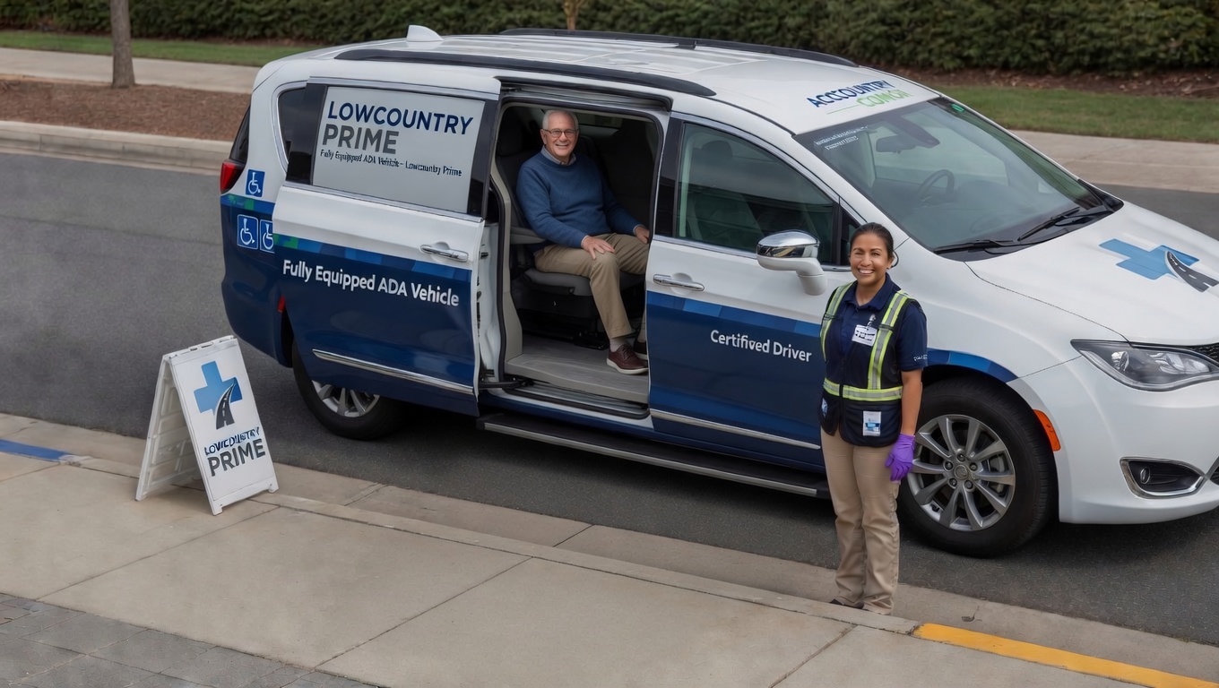 A Chrysler Pacifica ADA-equipped van branded for Lowcountry Prime, with a certified driver standing alongside
